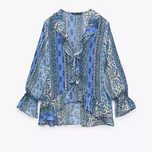 Zara Blouse Womens Blue Green Paisley Floral Ruffle